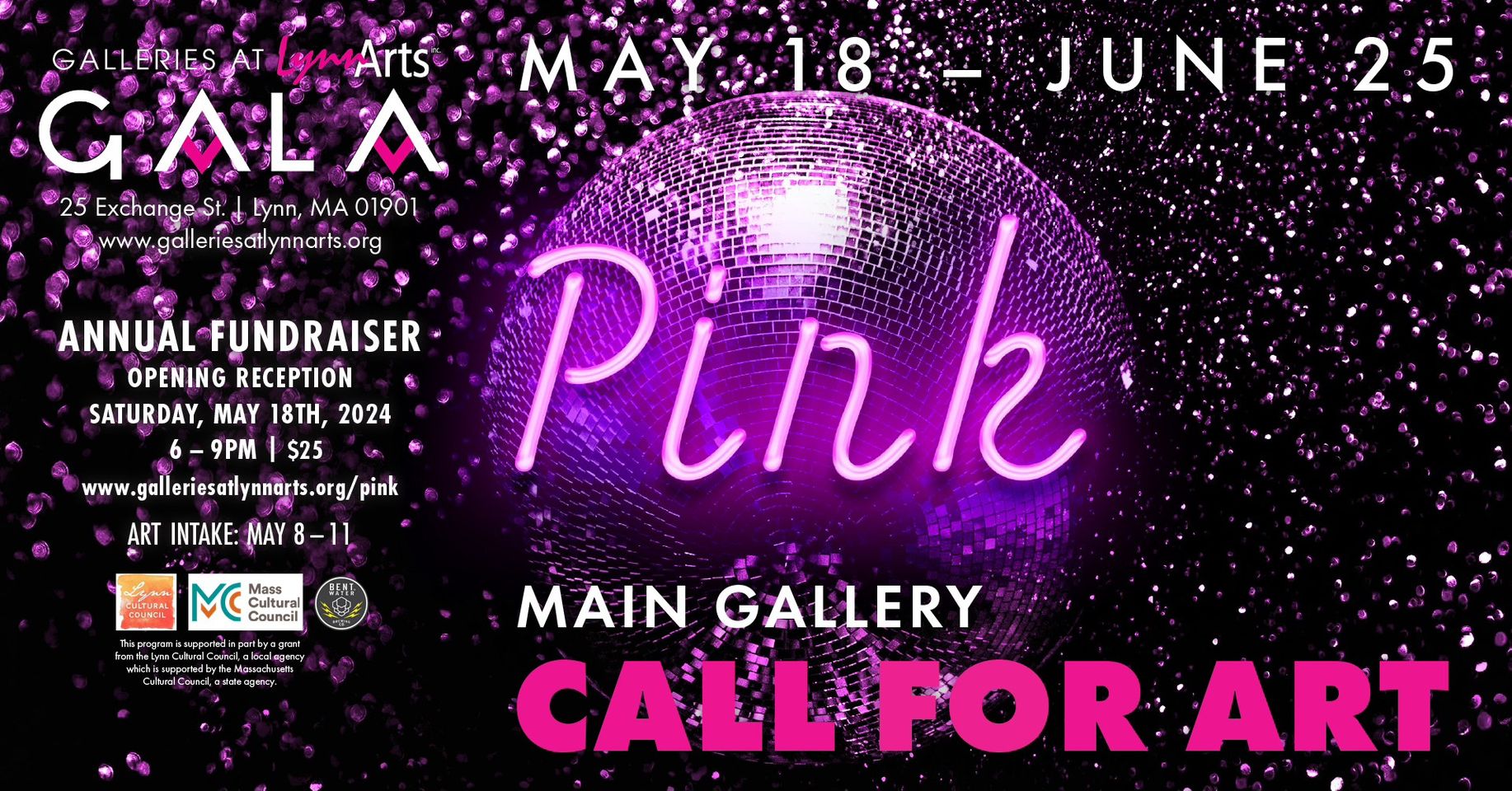 Join the "Pink" art event at Gala Arts from May 18 to June 25. Don't miss out on our exciting annual fundraiser, where we are also welcoming art submissions. The highlight of this year's event is a huge, sparkling pink disco ball. Participate, have fun and let your art shine bright!