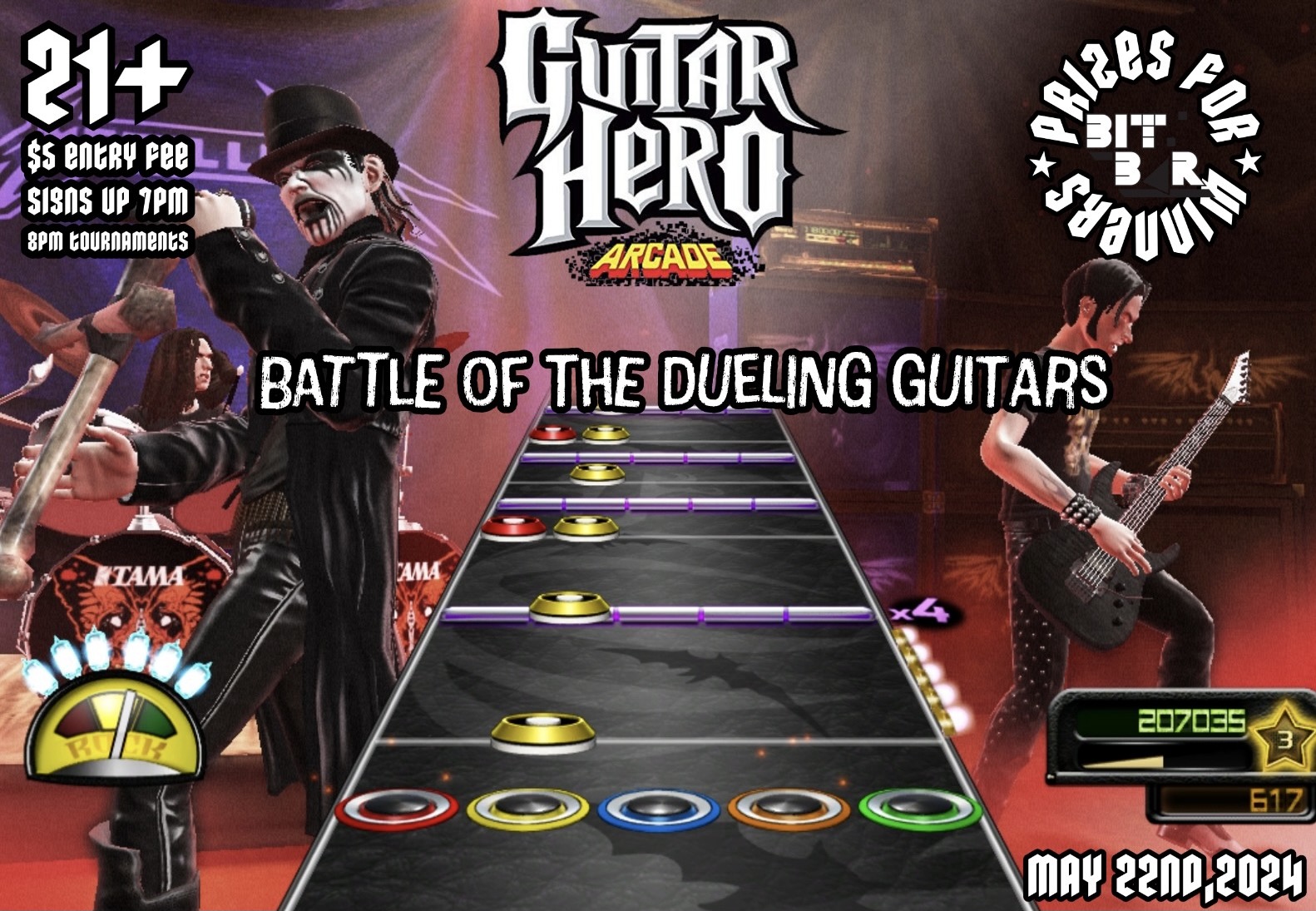 Experience the thrill of shredding riffs at our upcoming "Battle of Dueling Guitars" event. Steeped in the vibes of guitar hero arcade games, this happening will feature dynamic animated guitarists and a gameplay interface that commands your attention! Save the date – May 22nd, 2024. Let's let your inner rockstar take center stage!