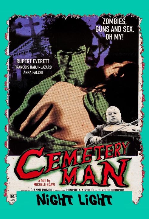 Check out the "Cemetery Man" movie poster featuring Rupert Everett. It showcases striking images of zombies and vibrant text set over a unique distressed backdrop.