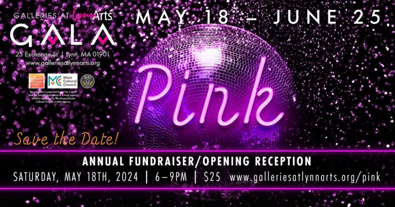 Come join us for a glitzy gala event at LynnArts in Lynn, MA! Highlighted by our giant disco ball, we are celebrating from May 18 to June 25. Mark your calendars for our grand opening reception on May 18th, 2024 - featuring an exciting pink theme! Make sure to not miss out on this extraordinary experience!