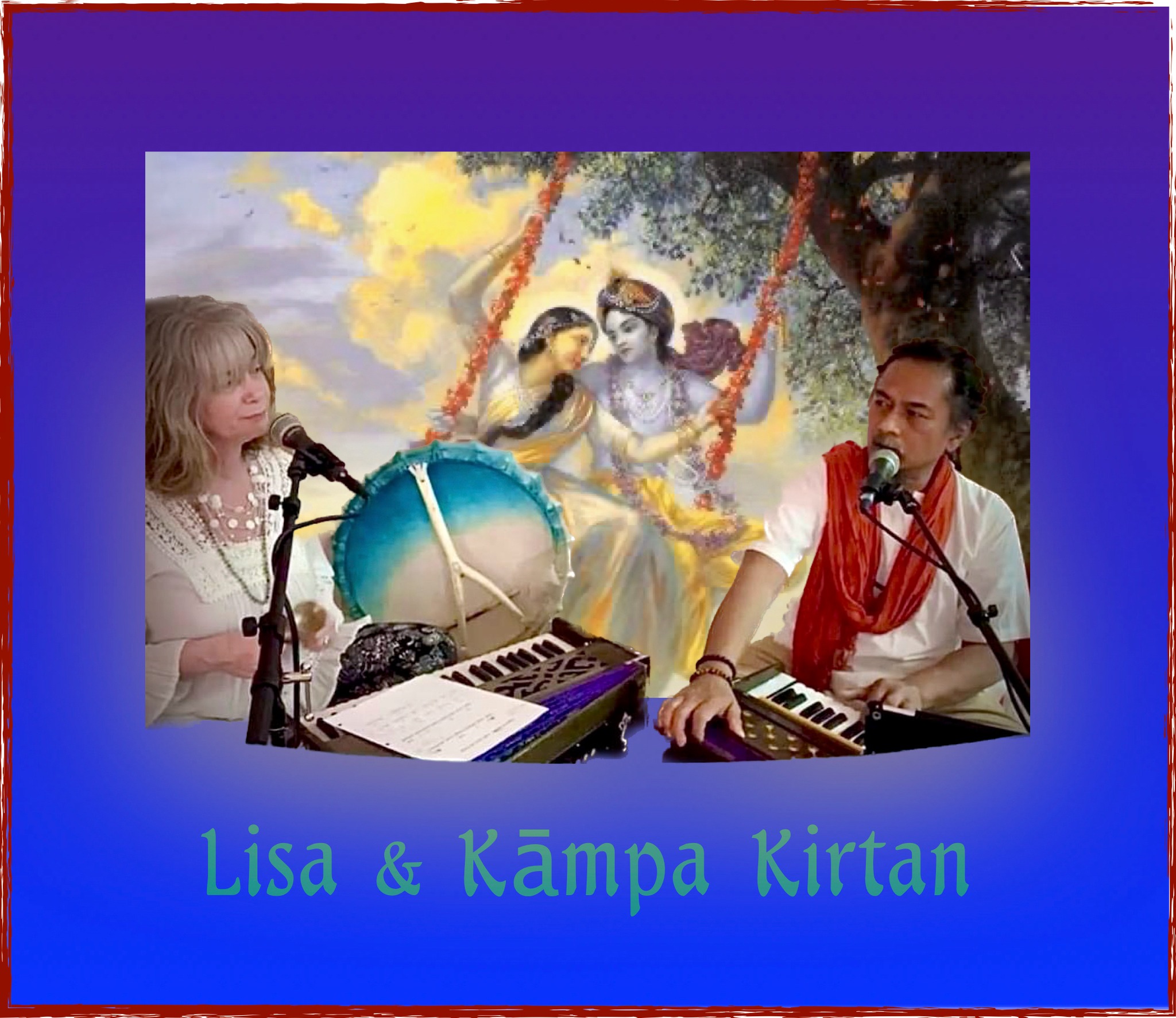 Two individuals engaged in a kirtan, with one man playing the soulful melodies of a harmonium and a woman beating rhythmic tunes on the drum. The background displays an uplifting spiritual scene, adding to the serene ambiance.