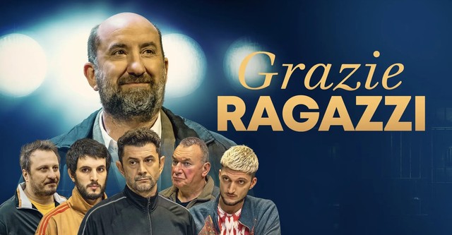 Boost your brand with our striking promotional image. It showcases a happy bearded man smiling wide, along with six other men showing different expressions. The intriguing phrase "grazie ragazzi" is tastefully superimposed over a vibrant blue background. Perfect for grabbing attention and engaging customers!