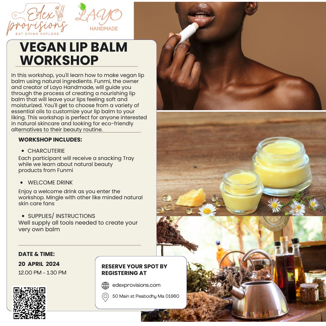 Enjoy learning how to create your own natural lip balm at our engaging workshop! Featured on the leaflet is an exciting image of a person showcasing what you'll learn—applying the handmade lip balm. Dive into details about the workshop programs and timelines for an exciting journey. Grab some inspiration from amazing photos of pure ingredients and finished products that you will be whipping up yourself in no time! Join us for a fun-filled learning experience and get hands-on with nature's best ingredients to make your own organic lip care solution.