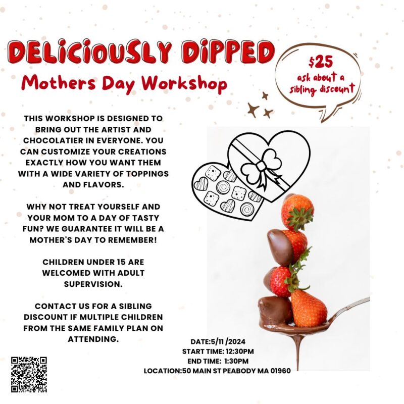 Join our Mother's Day Chocolate-Dipping Workshop! Make this special day even sweeter as you learn the art of dipping chocolates, strawberries, and more. Personalize your creations with a variety of customization options offered. Plus, bring your sibling and get an exciting discount! This colorful flyer is adorned with mouth-watering photos of dipped strawberries and beautiful flower designs. Perfect for those who enjoy hands-on activities and sweet treats!