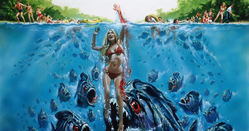 Image of a woman wearing a red swimsuit crying for aid while in the water, surrounded by hostile small fishes, with other individuals swimming nearby.