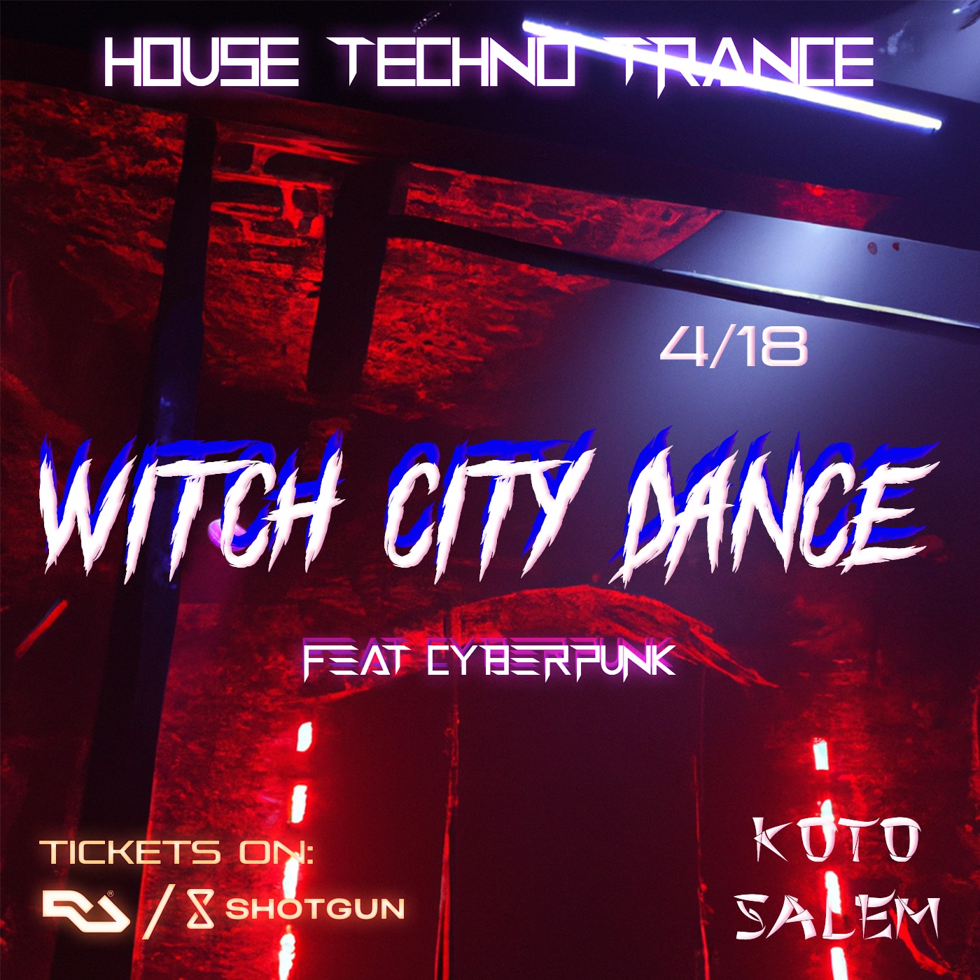 Join us for the "Witch City Dance" event on April 18th. Embrace the beats of house, techno, and trance music set against a cyberpunk backdrop. The ambiance features a low-light area adorned with magnificent neon signs. Ignite your night with electrifying tunes and step into an immersive experience like no other!