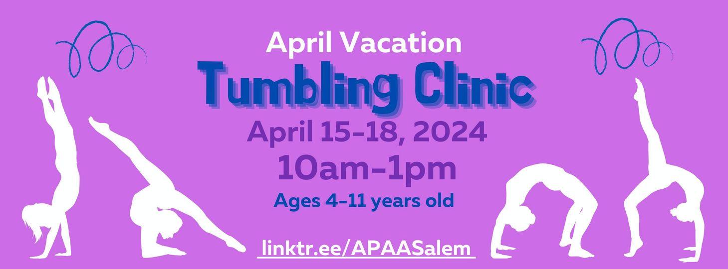 Join our April Vacation Tumbling Clinic from April 15-18, 2024. Perfect for kids aged 4-11. Captivating purple banner features playful silhouettes of children showcasing gymnastic moves!