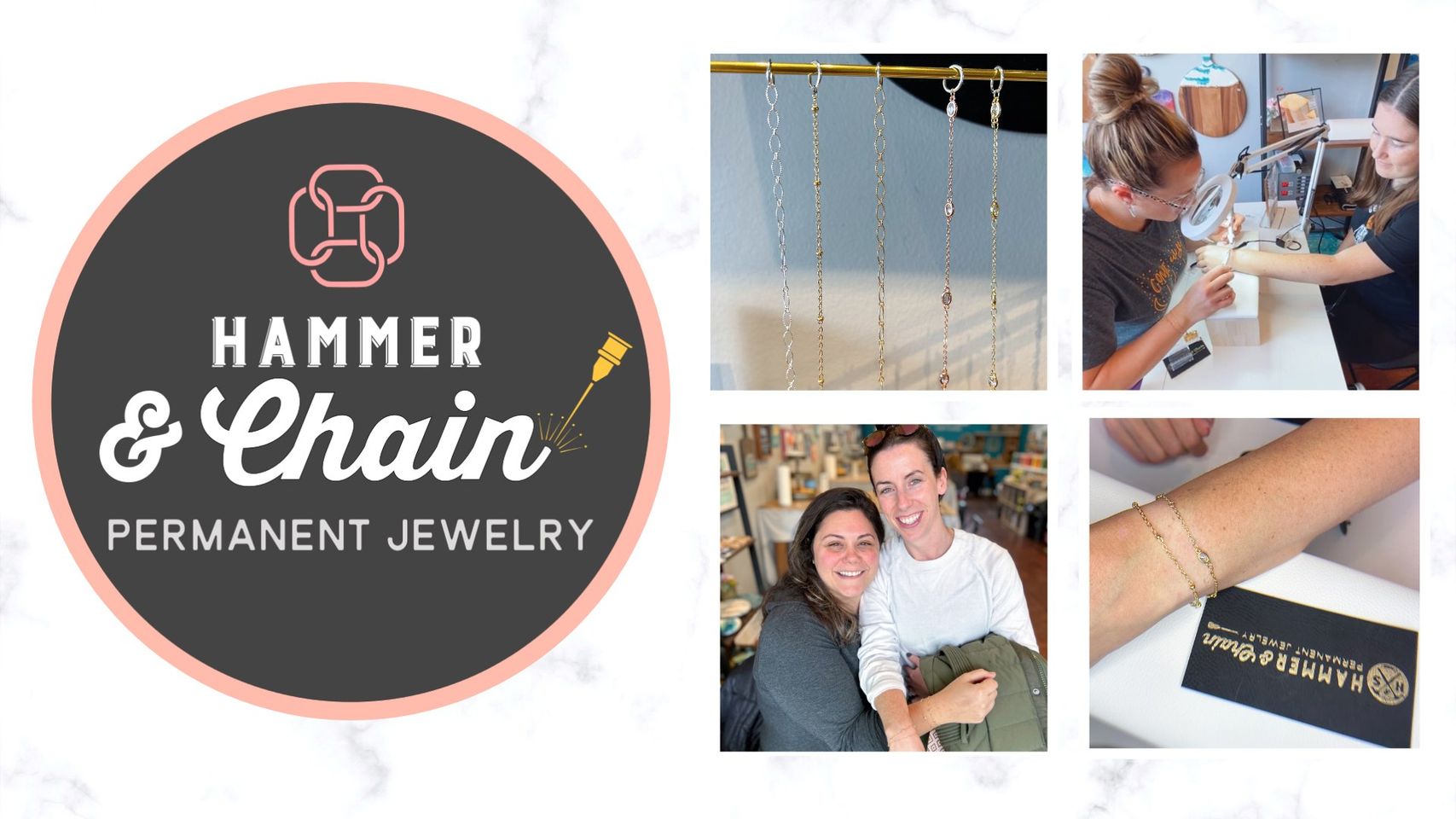Creating a versatile collage that includes the "Hammer & Chain Permanent Jewelry" logo, a beautiful showcase of jewelry pieces, an image of a woman meticulously crafting jewelry, and a happy pair in a workshop. This visually engaging display is intended to highlight our unique products and passionate craftsmanship in an easy-to-understand, keyword-rich way aimed at boosting search engine optimization.