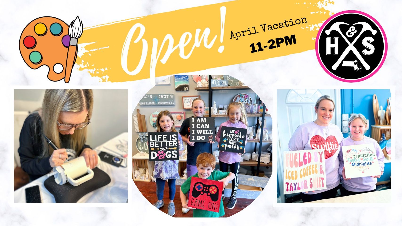 A vibrant collage showcases a craft booth sign, a lady creating a unique t-shirt, and customers of all ages – including kids – proudly displaying their handmade shirts. The text shares details about April vacation hours.