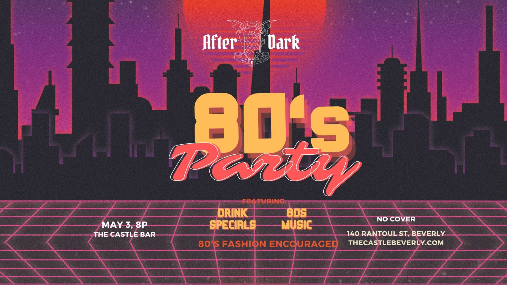 Join the ultimate 80's party named "After Dark" at Castle Bar. We're rolling back the clock with awesome drink deals, nostalgic 80's tunes and retro fashion. Don't miss out on this blast from the past!
