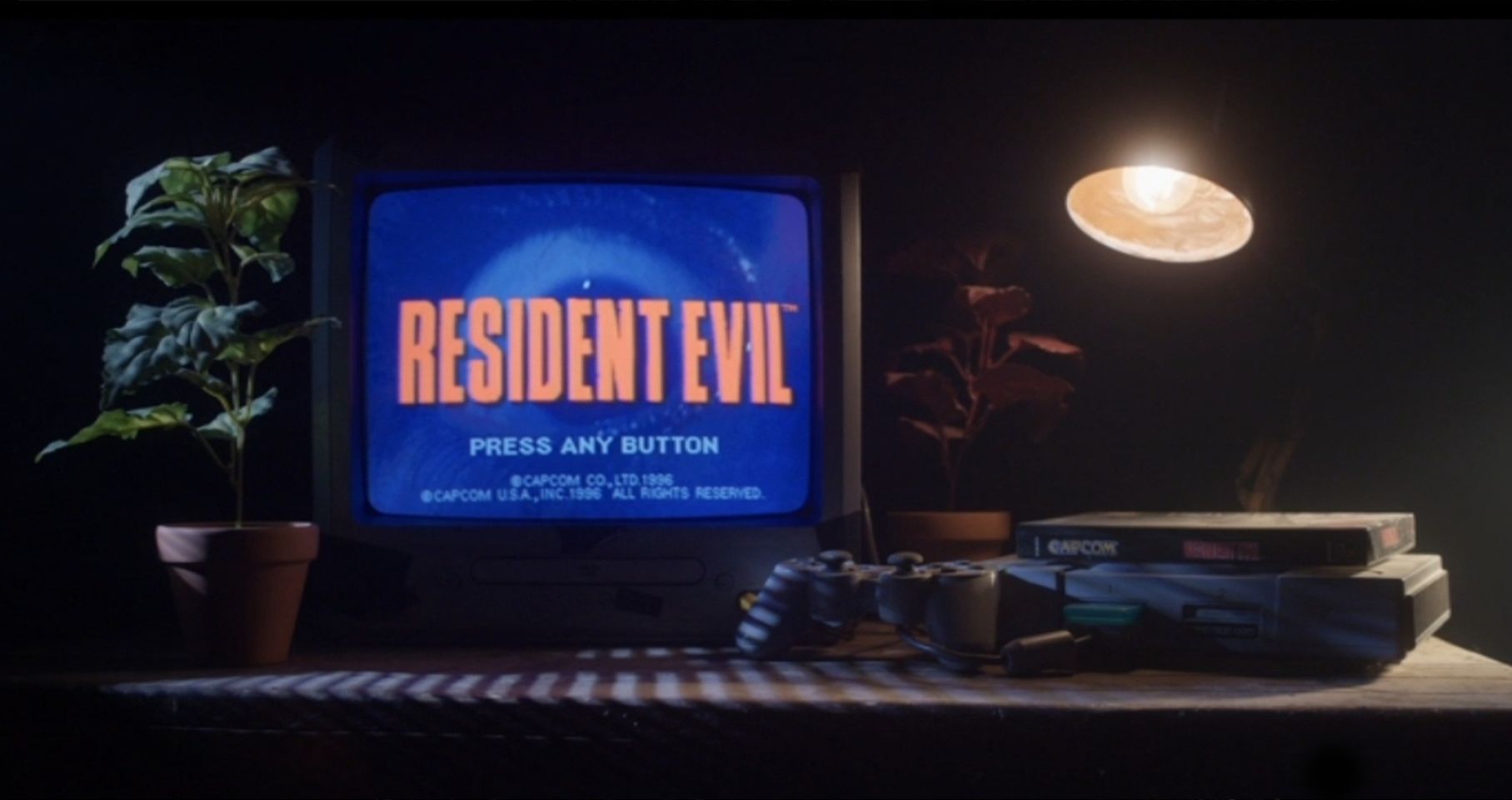 A vintage TV showcasing the start screen of the popular video game "Resident Evil", teamed with a gaming console, a table lamp, and surrounded by lush potted plants for an atmospheric home gaming experience.