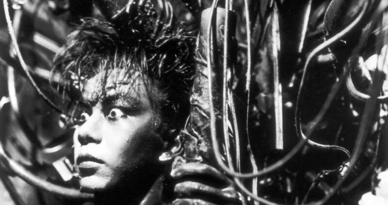 A man with messy hair looks surprised, tangled amidst a maze of dark wires in a low-light environment.