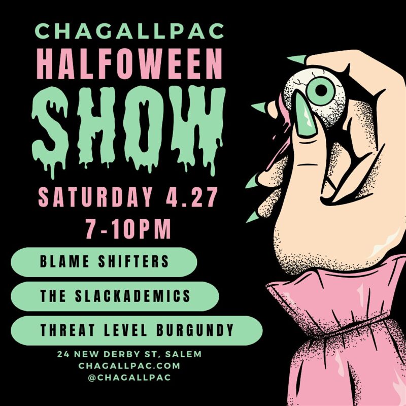 Get ready for a thrilling Halloween-themed concert at the Chagall Performing Arts Center on April 27. Feel the vibes of exciting bands such as Blame Shifters and Threat Level Burgundy. Don't forget to check out our unique poster design featuring an intriguing image of a hand holding an eyeball. Perfect for getting into that spooky spirit!