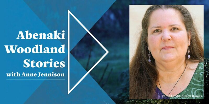 Check out our engaging promotional image for "Abenaki Woodland Stories." It has a unique split design with a vivid blue geometry pattern on one side and an intriguing portrait of the storyteller, Anne Jennison, on the other. Join us in unravelling these rich tales!