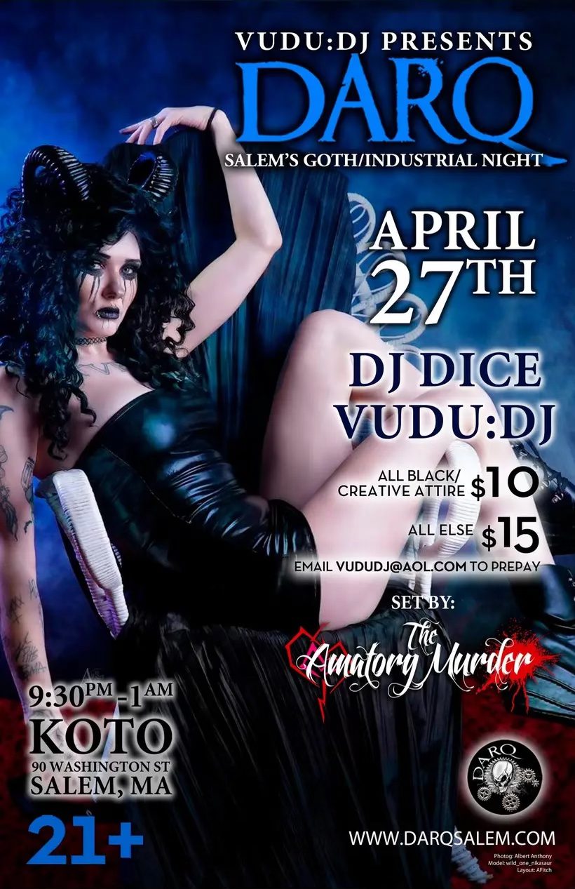 Promote an eye-catching poster for "Vudu: DJ Daro". It's a gothic-themed event in Salem, filled with dark intrigue. The main visual features a woman dressed in captivating Gothic attire. The poster provides essential details about the event and venue information, making it easier for attendees to plan their spooky night out with us.
