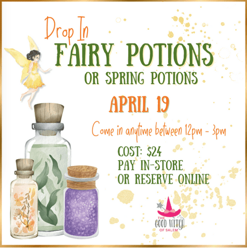 Join us for a magical "Fairy Potions" event on 19th April! Open from 12pm to 3pm, immerse yourself in the world of enchantments and craft your own potions for just $24. The event is presided over by the Good Witch of Salem. You have flexibility in ways you wish to pay: either drop into our store or secure your spot online through pre-booking. Don't miss this chance - it's going to be spellbinding!