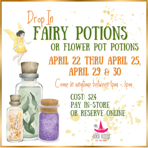 Here's a vivid depiction of the event poster for "drop-in fairy jars", showcasing three beautifully adorned jars accompanied by a magical fairy. Get all the necessary information - from dates to event nuances -- set in Salem, right here.