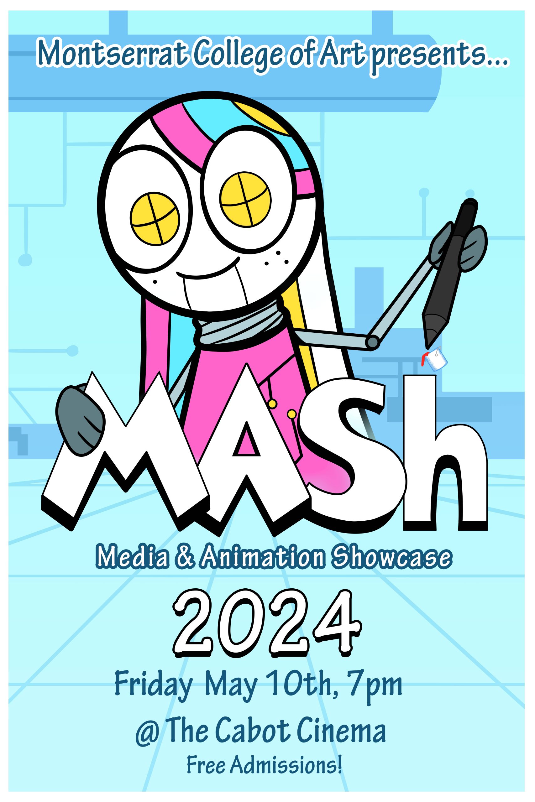 Join us at the Montserrat College of Art's exciting Mash 2024 event! Come see our vibrant poster design featuring a lively cartoon character with a mic, ready to steal the show. This creative spectacle is taking place at the iconic Cabot Cinema - save the date and don't miss out!
