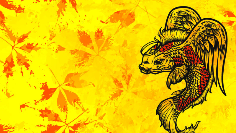 Enjoy vibrant pictures of koi fish with wings, depicted artistically against a bright yellow backdrop. The design also showcases beautiful autumn leaves.
