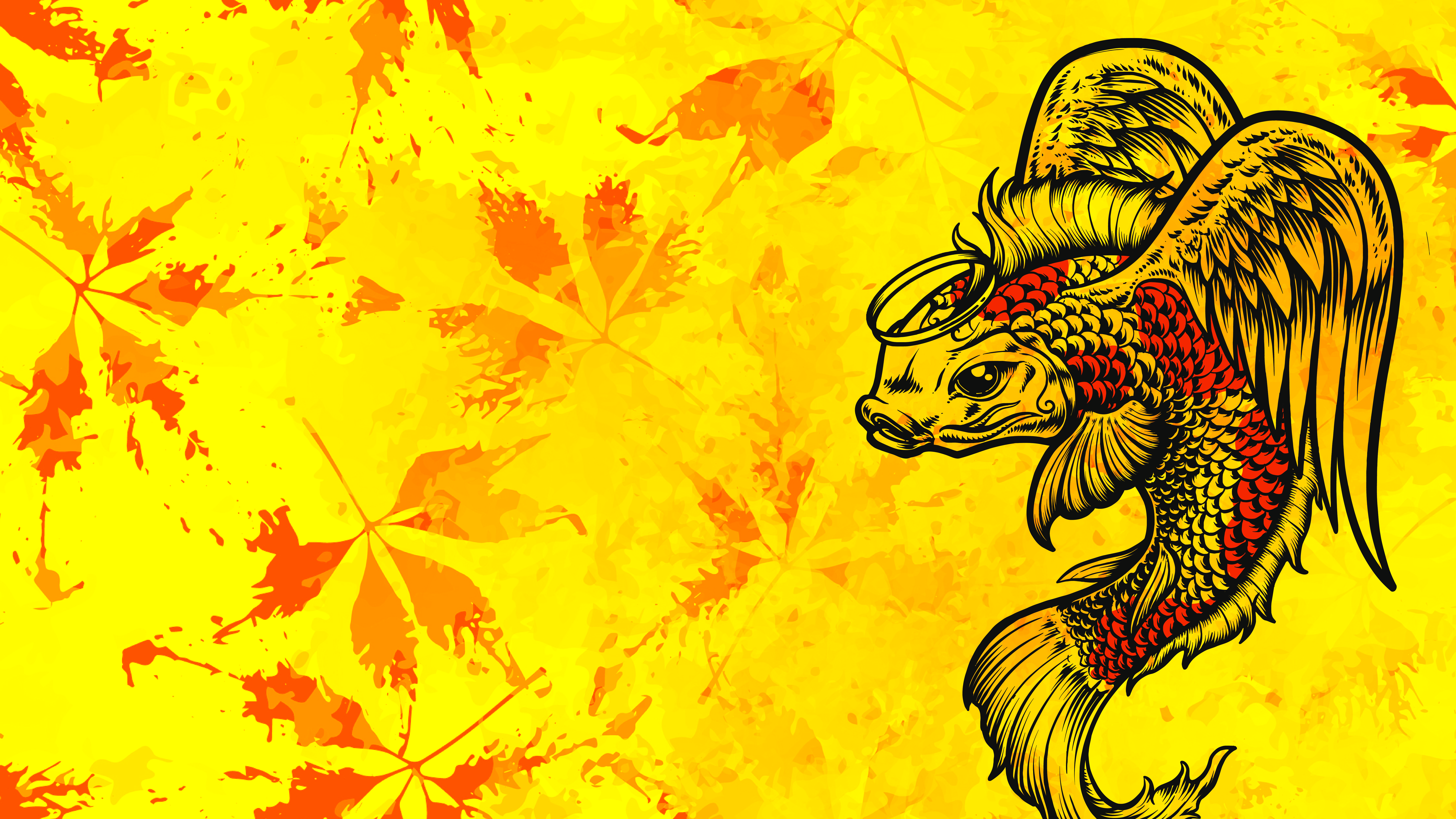 Enjoy vibrant pictures of koi fish with wings, depicted artistically against a bright yellow backdrop. The design also showcases beautiful autumn leaves.