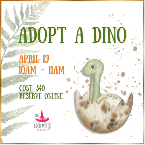 Join us for our "Adopt a Dino" event on April 19, from 10am to 11am. Secure your spot online now for just $40! You'll love our adorable hatching dinosaur artwork. This fun-filled dinosaur adoption experience is perfect for kids and dino enthusiasts alike!