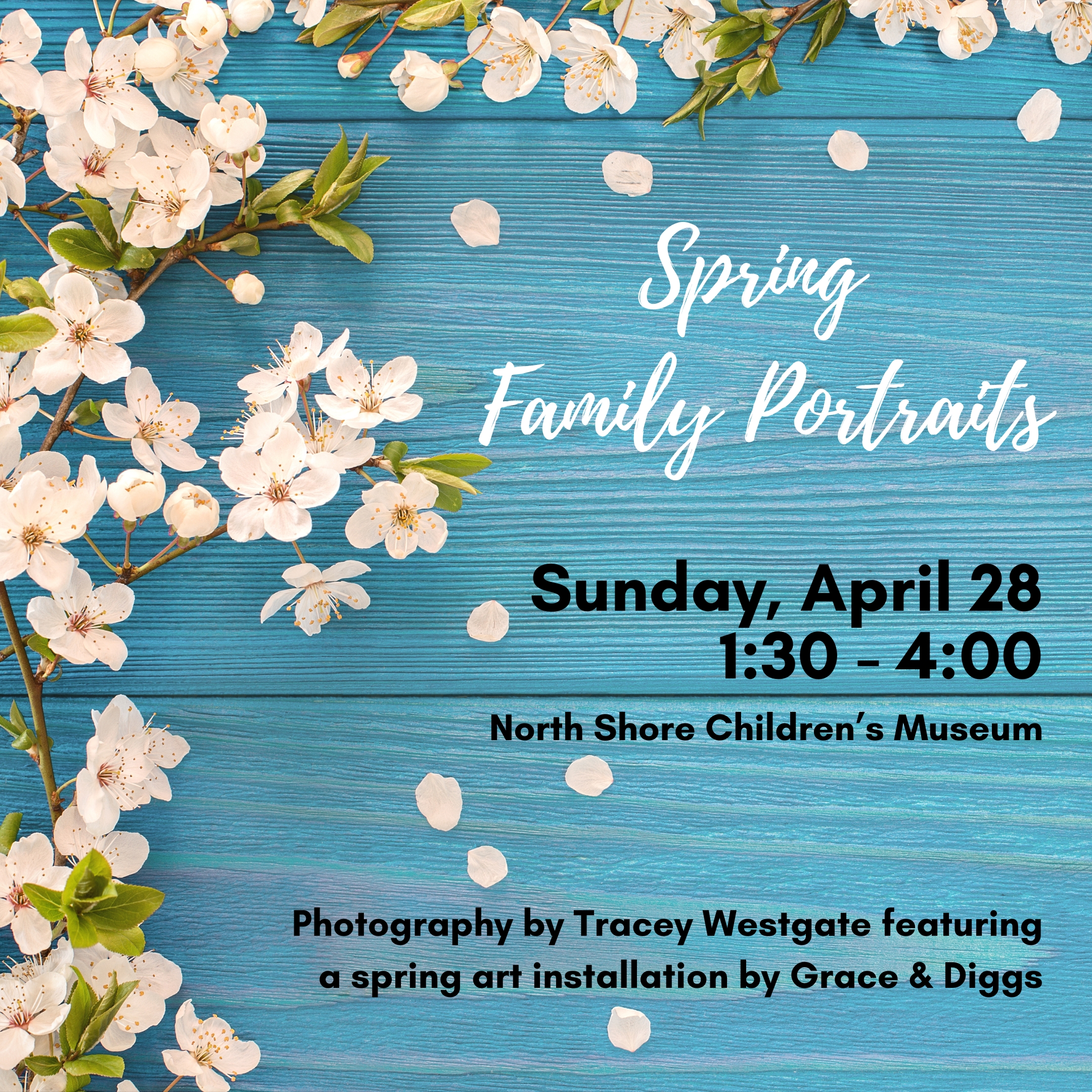 Family portraits in spring" event details against a blue wooden backdrop decorated with white cherry blossoms.