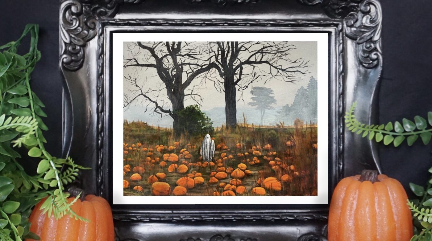 A beautiful Thistle Art painting showcased in an elegant black frame, capturing a character dressed in historical fashion standing in a pumpkin field with stark bare trees setting the backdrop.