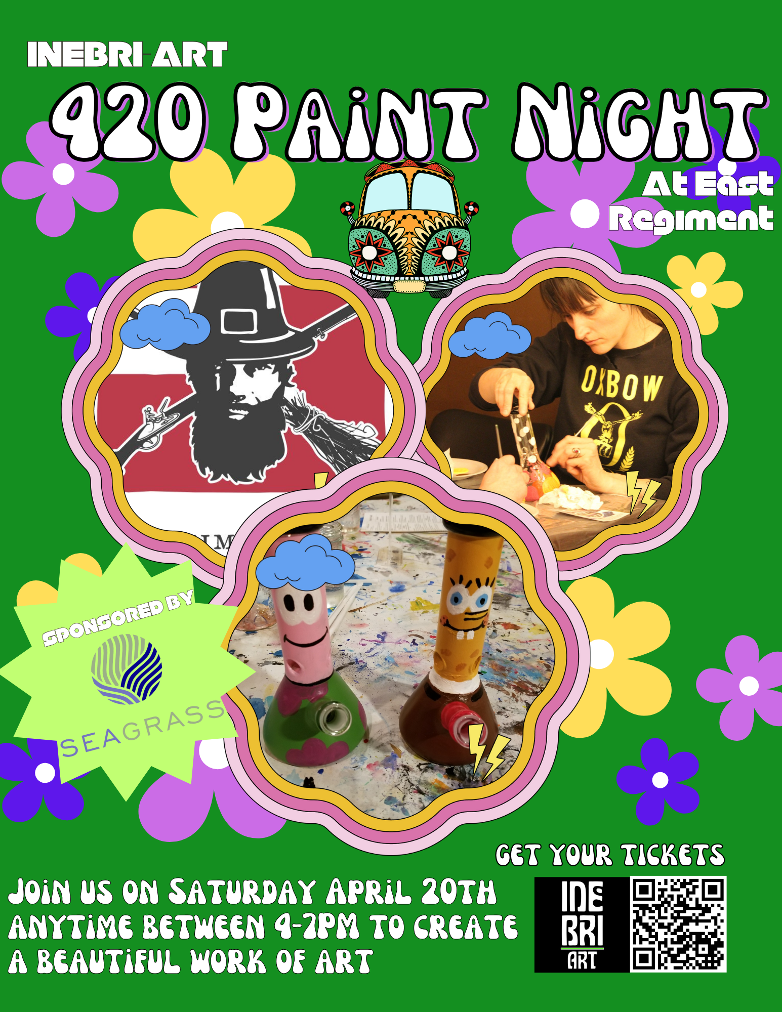 Vibrant flyer for a 420-themed painting session that includes pictures of colorful artwork, attendees enjoying the craft, and important event information. This will also contain the logos of our sponsors and a QR code for easy access.