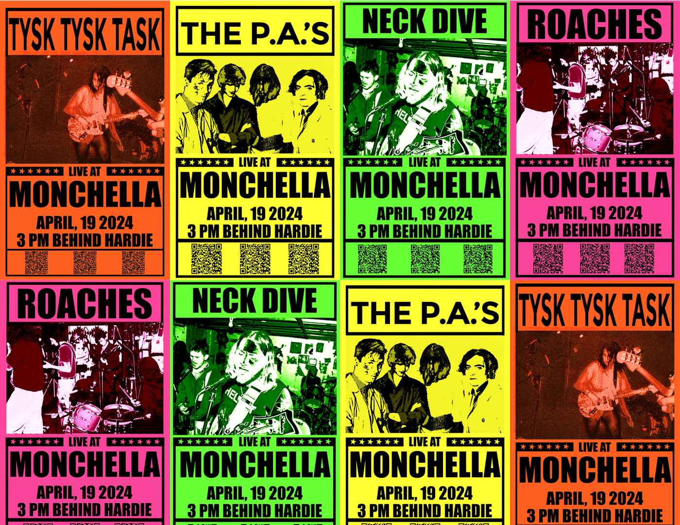 Check out these eight vivid and colorful retro concert posters. They feature different bands performing at "Monchella" on April 19, 1924. The posters stand out with their unique pink, green, and yellow backgrounds.