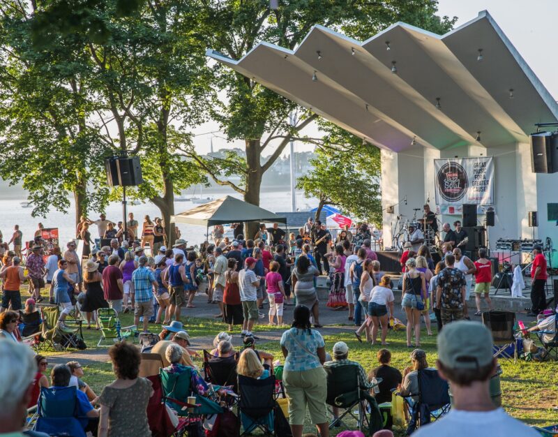 Neighbors gather on lush grass, sharing music, laughter, and local pride at a lively outdoor concert on the scenic North Shore.