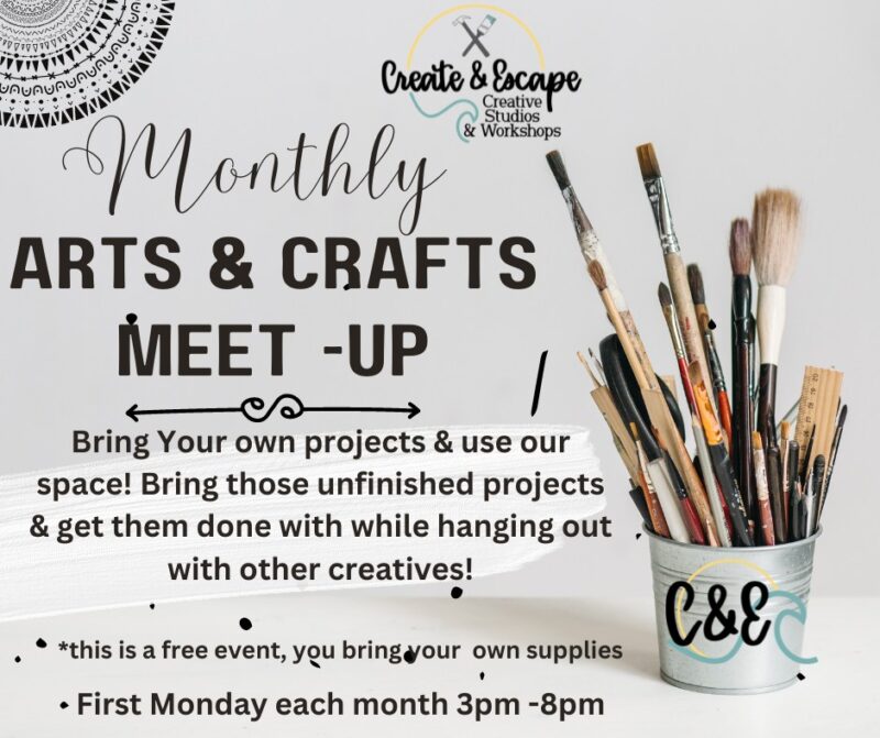 Join our Monthly Arts & Crafts Meetup at Create & Escape Creative Studios! Dive into a world of creativity with your own projects every first Monday of the month from 3pm to 8pm. Unleash your artistic side, connect with fellow craft lovers, and enjoy a relaxed atmosphere where inspiration flows freely. See you there!