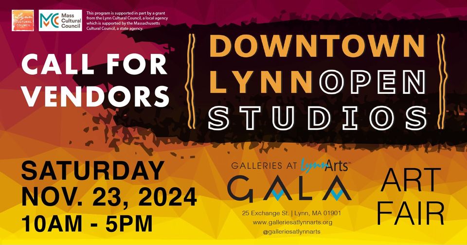 Join the vibrant Downtown Lynn Open Studios and Art Fair as a vendor! Showcase your creativity on Saturday, November 23, 2024, from 10 AM to 5 PM at 25 Exchange St., Lynn, MA. Connect with art enthusiasts and boost your presence in the community. For more info on how to participate, visit galleriesatlynnarts.org.