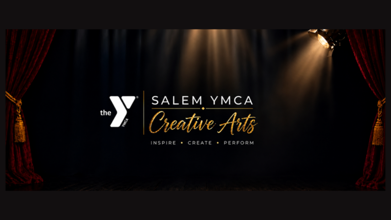 A stage with red velvet curtains, spotlight, and “Salem YMCA Creative Arts: Inspire, Create, Perform” beside the Salem YMCA Creative Arts logo on a dark background.