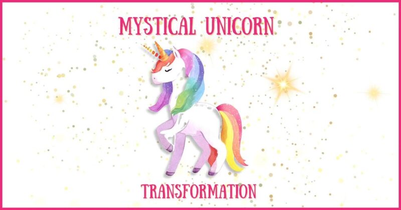 Visualize a stunning unicorn with a vibrant rainbow mane and tail, surrounded by shimmering golden sparkles. Bold pink letters declare: "Mystical Unicorn Transformation.