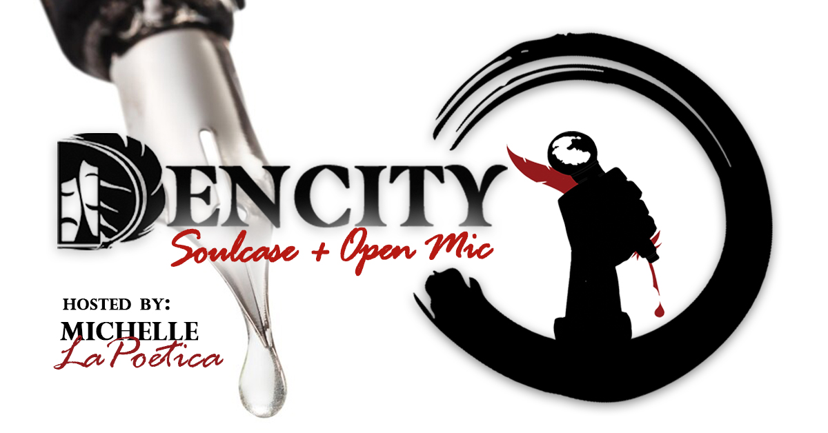 Join us for the "Define Your Soul" event! Picture a captivating banner showcasing a fountain pen alongside a circular emblem with a microphone. The event highlights include "Dencity Soulcase + Open Mic," hosted by the talented Michelle La Poética. Don't miss this soulful experience!