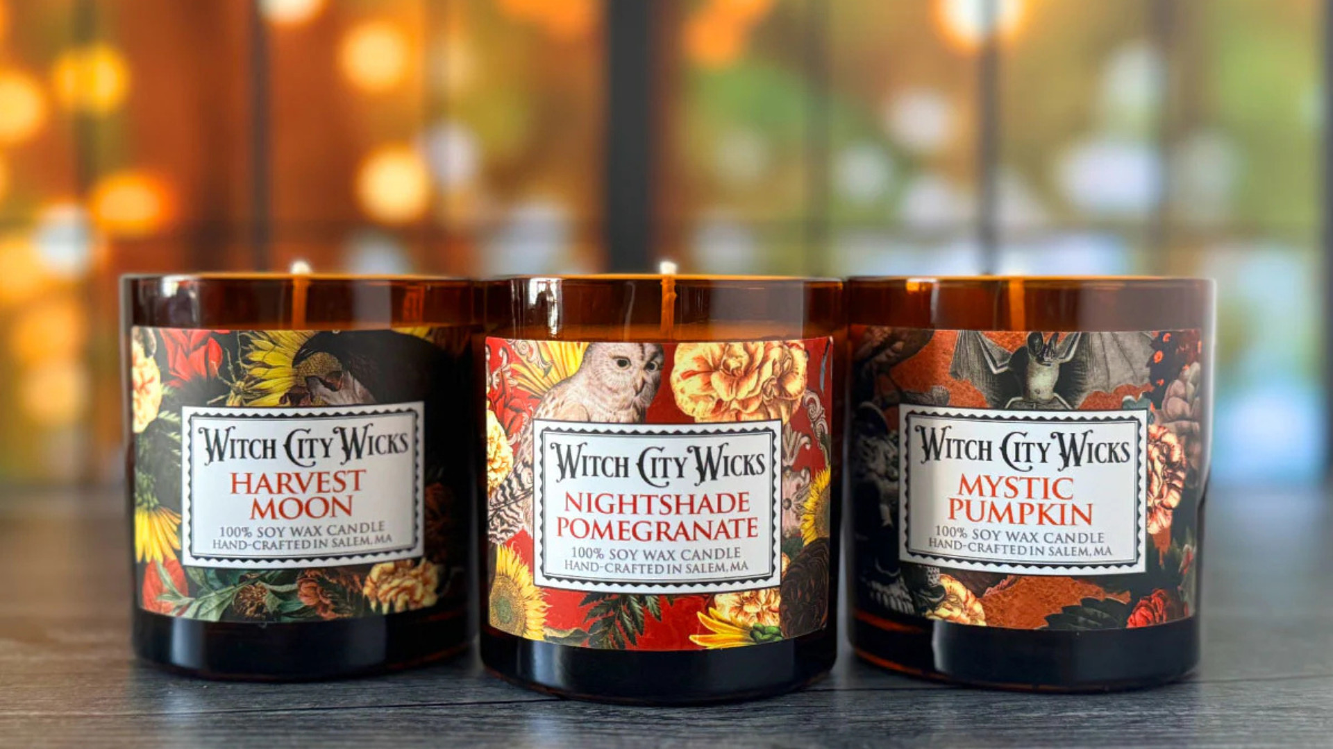 Discover the enchanting scents of Witch City Wicks with our "Harvest Moon," "Nightshade Pomegranate," and "Mystic Pumpkin" candles. Perfectly arranged on a table, these mesmerizing aromas promise to elevate your space. Capture this season's essence and transform your home into a cozy haven with our unique candle collection.