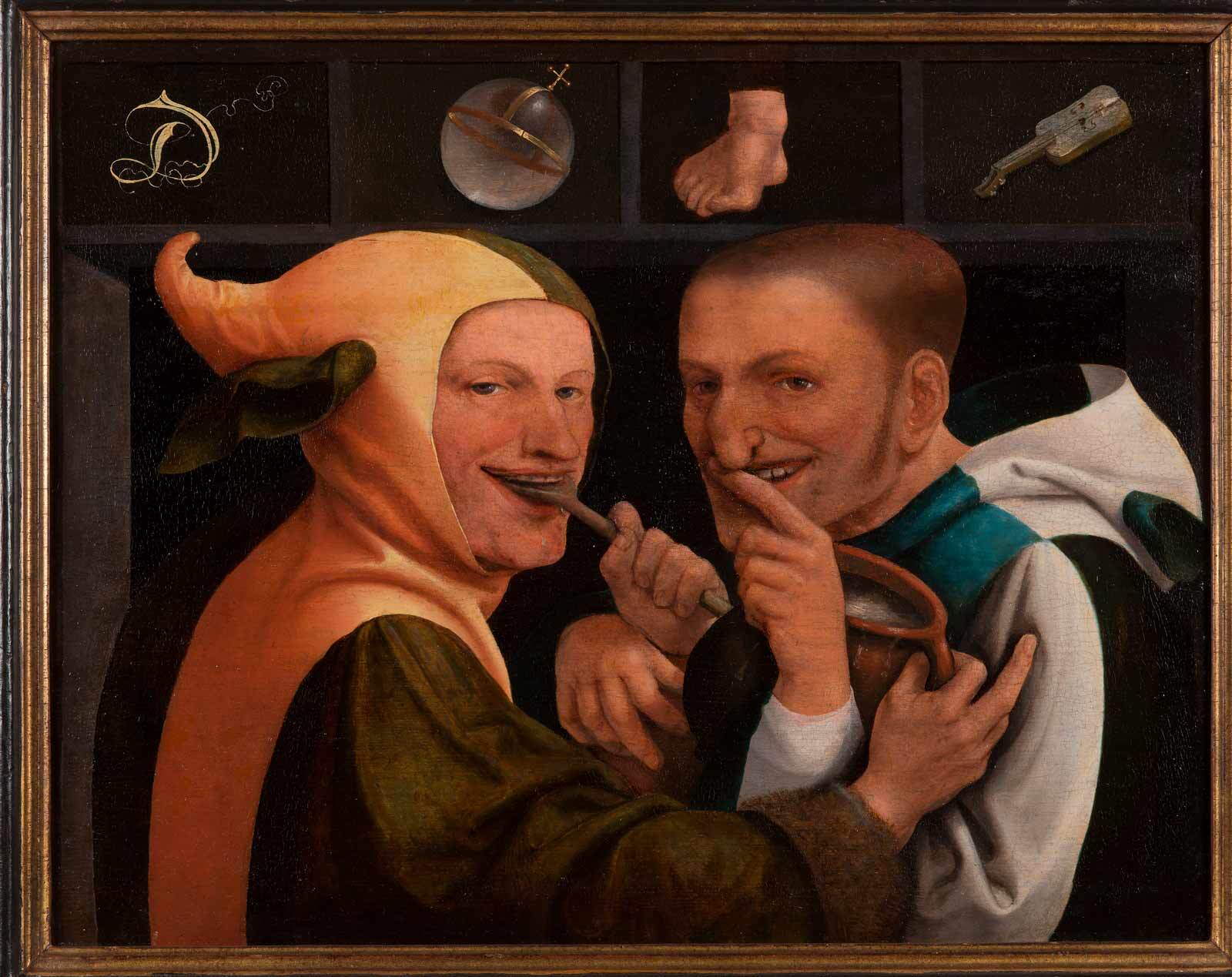 Two men with playful smiles, one sporting a jester hat, hold a pipe and jug. Above them, you'll find compartments showcasing items such as a musical instrument and a foot.