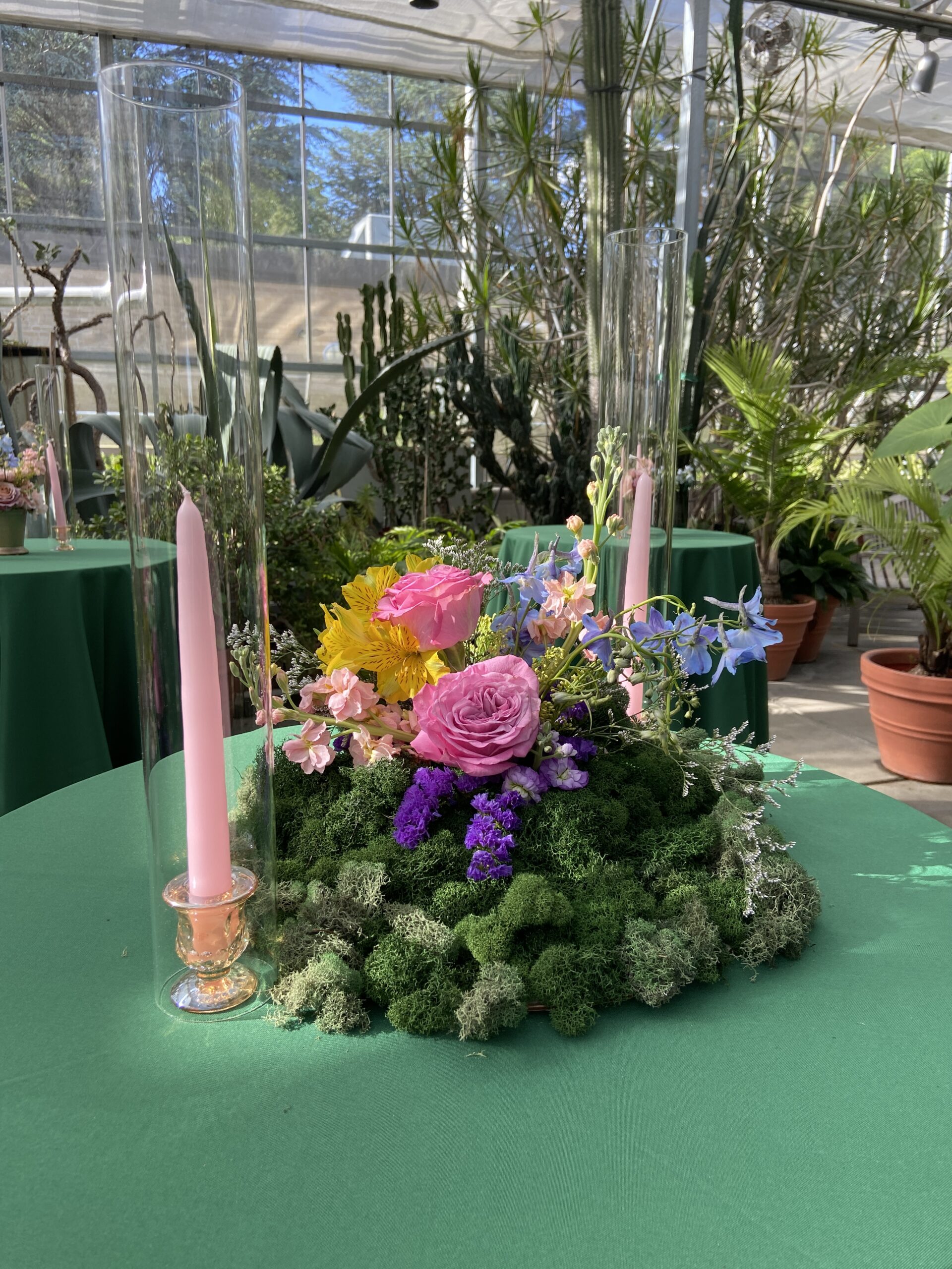 Create an eye-catching floral baby-themed centerpiece featuring a vibrant mix of pink, purple, and yellow blooms. Set against a fresh green table, this charming arrangement is paired with delicate pink candles in stylish glass holders. Let the lush backdrop of surrounding plants enhance the overall aesthetic for picture-perfect decor that elevates any occasion.