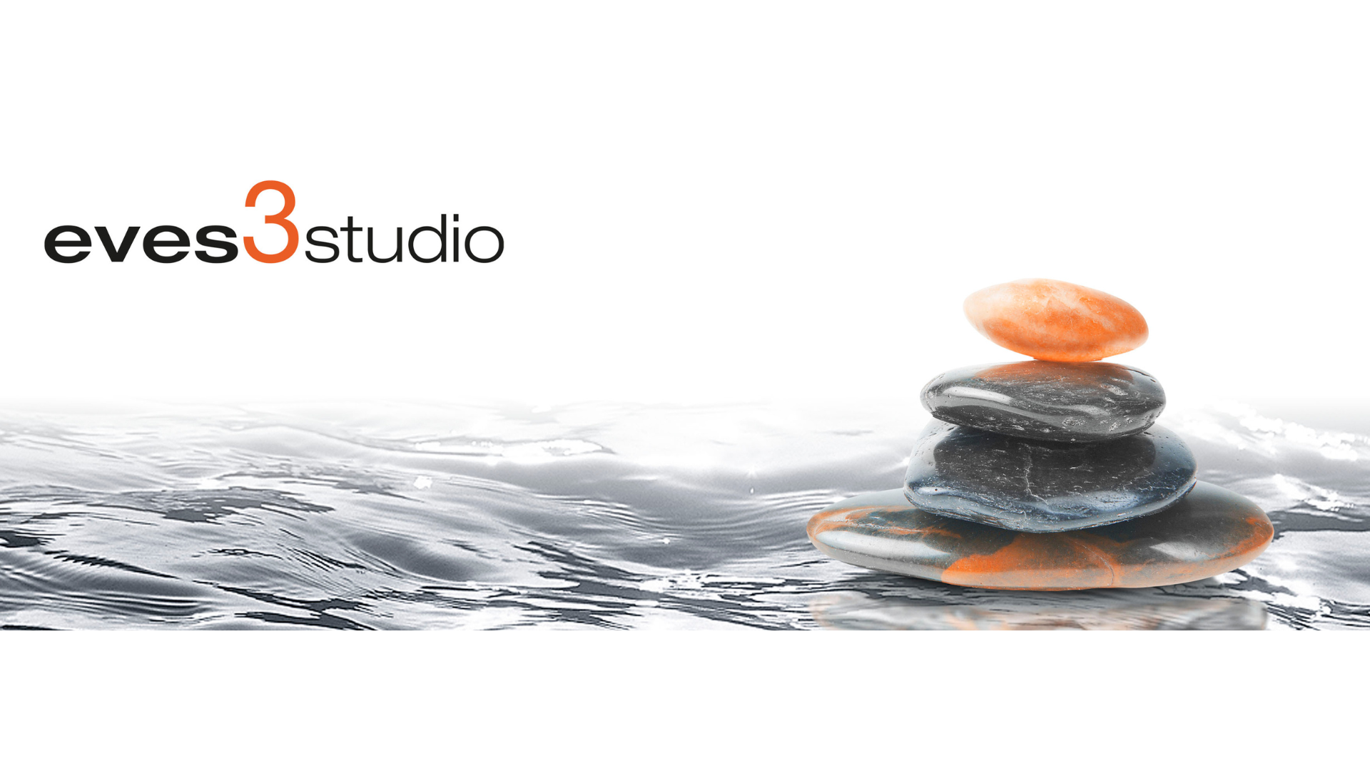 Introducing the logo for "eves3studio," a design that beautifully blends tranquility and creativity. Imagine three stones perfectly stacked on a serene watery surface, evoking balance and harmony. Two grey stones offer a soothing backdrop, while an eye-catching orange stone adds a pop of energy and innovation. This visual not only represents the essence of eves3studio but also captivates your audience with its simplicity and elegance.