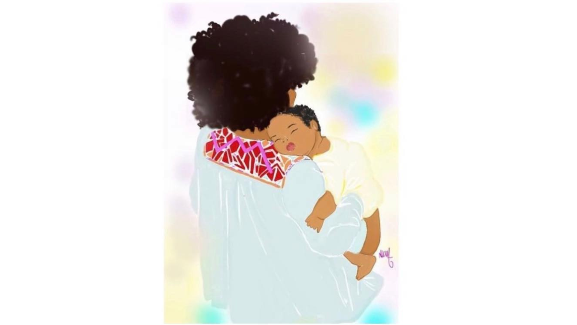 A soft pastel background sets the scene for a heartfelt illustration: a person with curly hair cradles a sleeping baby on their shoulder, both facing away. This tender moment captures the essence of comfort and serenity.