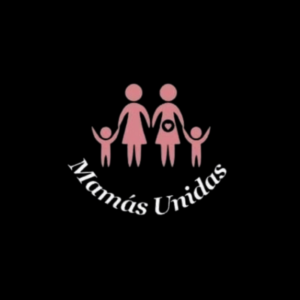The "Mamás Unidas" logo showcases a heartfelt design: pink silhouettes of a family holding hands, featuring two adults and two children, set against a sleek black background.
