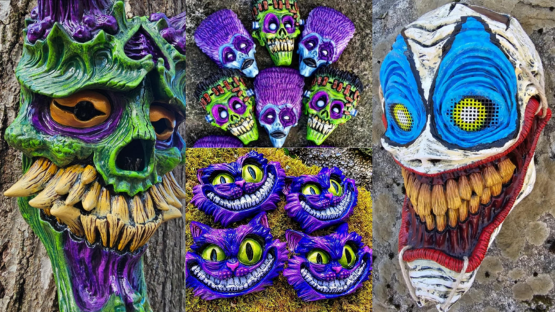 Discover a vibrant collection of eye-catching masks, perfect for any costume enthusiast! Imagine masks bursting with vivid colors and intricate designs—think skulls that send shivers down your spine, Cheshire Cat grins that intrigue, clowns that captivate with every detail, and whimsical purple-haired faces. Here’s your chance to see them all displayed outdoors amidst the natural backdrop of trees and grass. Explore this stunning outdoor mask gallery today and let each unique creation transport you into a world of fantasy and fun!.