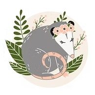 Discover a charming illustration featuring a sleepy gray possum adorned with a delicate flower crown. Nestled amidst lush green leaves and petite blossoms, this enchanting scene is perfect for adding a touch of whimsy to your space.