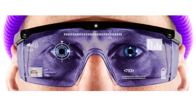 Get an up-close look at Reality Lab's augmented reality glasses in action. The lenses showcase essential digital features like battery status, a camera viewfinder, and more, bringing the future right before your eyes.