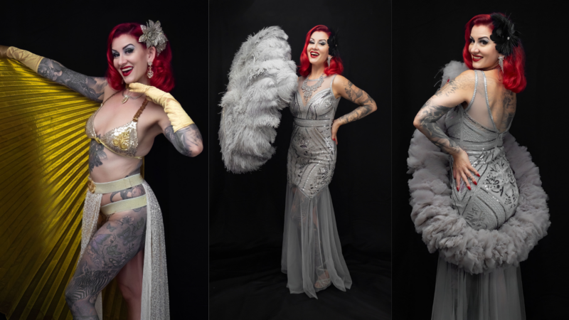 Capture attention with striking images! Picture a vibrant redhead in three stunning poses. She's dazzling in a gold bikini paired with a bright yellow fan, then exudes elegance in a gray gown accessorized with a chic white feather fan. To top it off, she radiates joy in another gray gown adorned with luxurious feather trim, all set against a sleek black backdrop. These visuals are sure to leave an impression and boost your SEO efforts!.