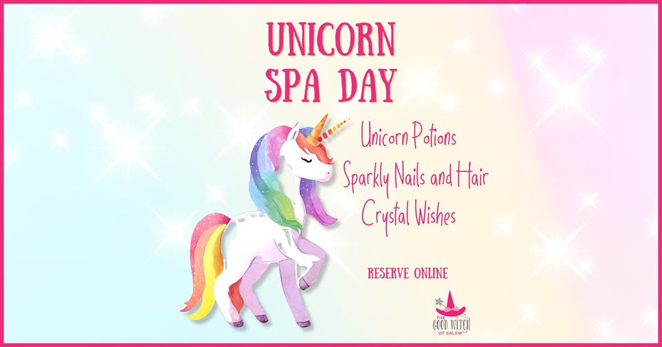 Dive into a magical world with our vibrant unicorn illustration highlighting the "Unicorn Spa Day"! Unleash your inner unicorn and enjoy enchanting offerings like mystical potions, glittering nails and hair, plus the chance to make crystal-coated wishes. Ready for a sprinkle of magic? Reserve your spot online today!.