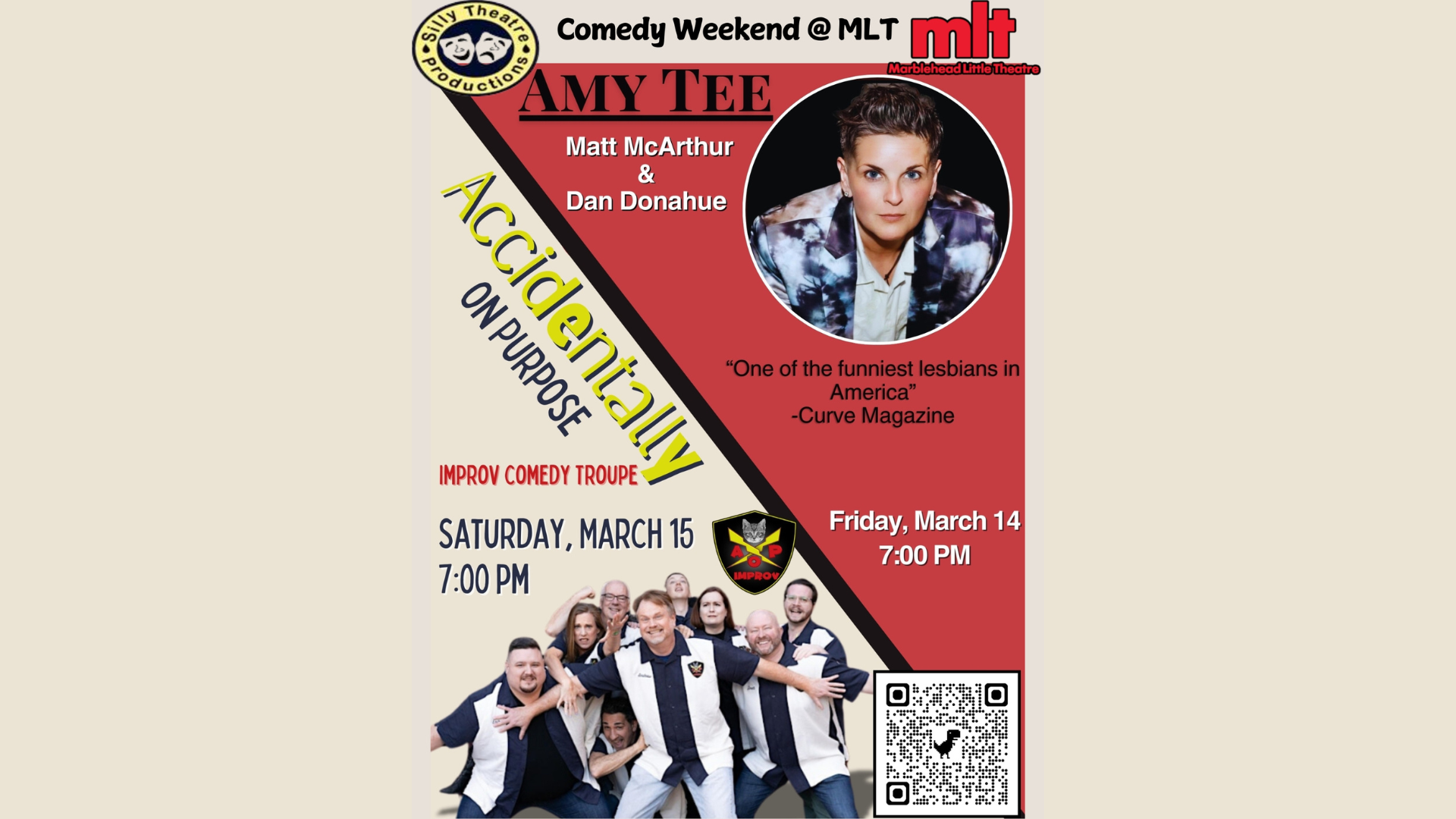 Join us for a laughter-filled Comedy Weekend at MLT! Don't miss stand-up comic Amy Tee and the hilarious improv troupe Accidentally On Purpose. Mark your calendar for two evenings of top-notch comedy: March 14 and March 15, both shows start at 7 PM. Scan the QR code on our flyer to grab your tickets now. Get ready for non-stop fun and unforgettable performances!.