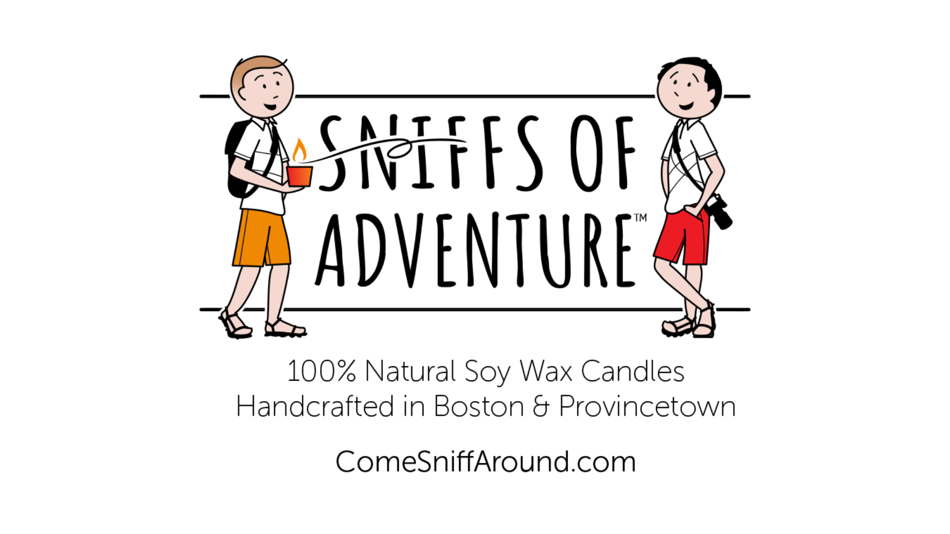 Illustration of two playful cartoon boys with the headline: "Sniffs of Adventure." --- Candles Made for Explorers Discover our 100% natural soy wax candles, handcrafted right in Boston and Provincetown. Check them out at ComeSniffAround.com!.