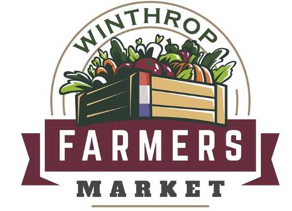 Introducing the Winthrop Farmers Market logo: a charming wooden crate brimming with fresh vegetables, perfectly capturing the essence of local produce. Below it, you'll find "Winthrop Farmers Market" elegantly displayed, inviting you to explore farm-fresh goodness right at your fingertips.