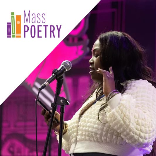 A person is speaking into a microphone on stage, with the Mass Poetry logo displayed above.